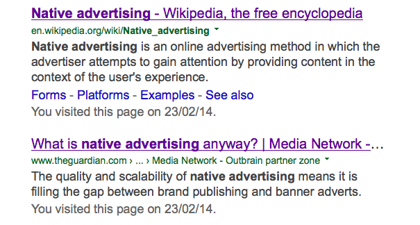 Native advertising search results