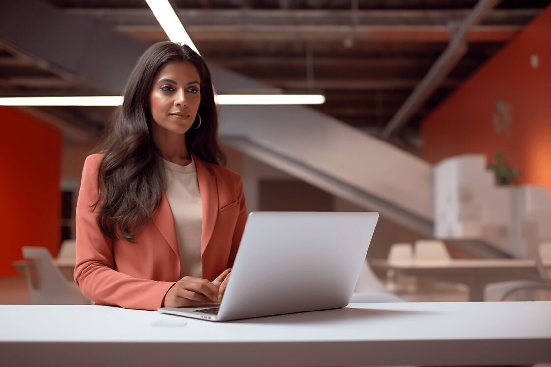 woman with laptop in empty office